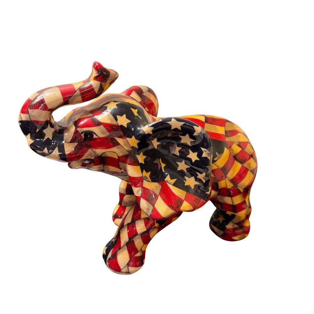 Vintage La Vie American Flag Patchwork Porcelain Elephant Figurine Patriotic GOP